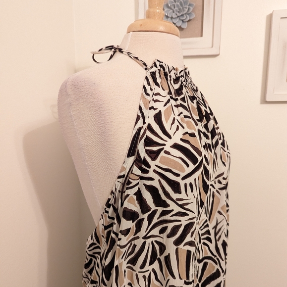LOFT Beach Leafed Halter Ruffle Backless Maxi Dress Medium White Tan Brown - Picture 5 of 11